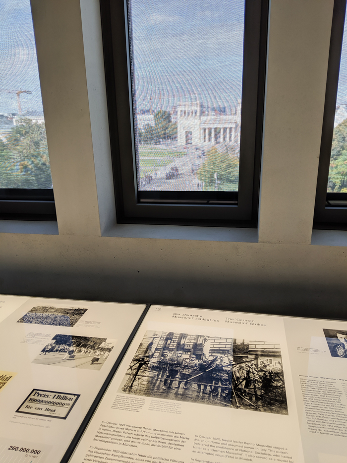 Informational displays and window view | Munich NS-documentation Center in Munich, Germany | Nazi history, Adolf Hitler headquarters