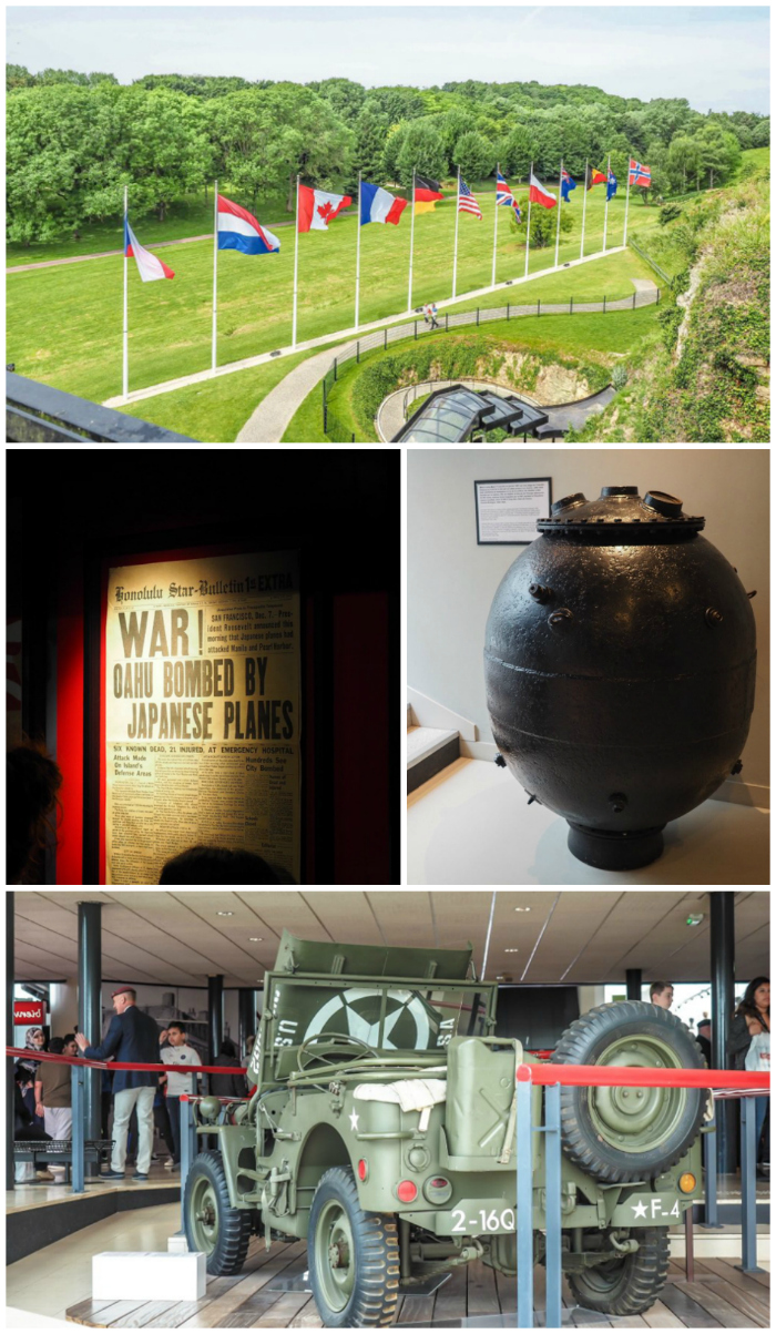 flags, bomb, newspaper, jeep on display at Caen Memorial Museum | 7 of the Best D-Day Sites to Visit in Normandy If You Have Just 1 Day | Normandy, France WWII sites and World War II history | #wwii #normandy #dday #omahabeach