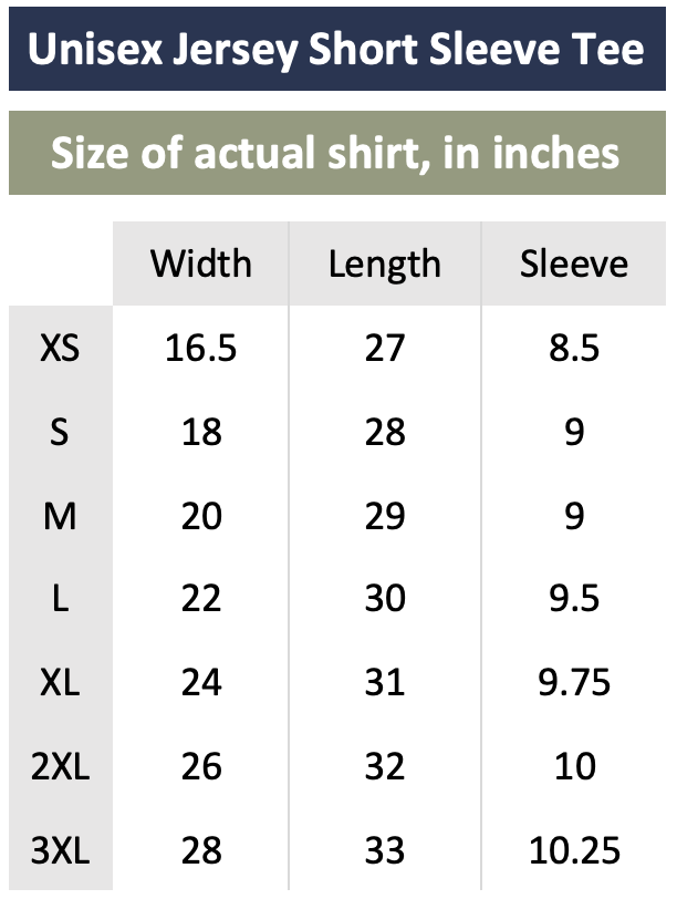 Size Chart for Unisex Jersey Short Sleeve Tee, Bella Canvas 3001