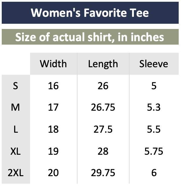 Size Chart for Women's Favorite Tee, Bella + Canvas 6004