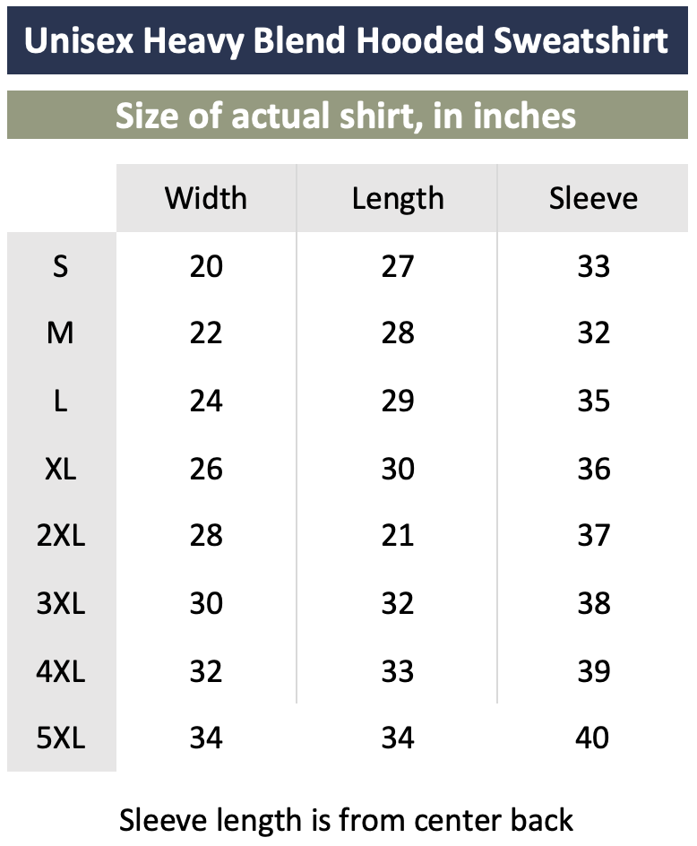 Size Chart for Unisex Heavy Blend Hooded Sweatshirt, Gildan 18500