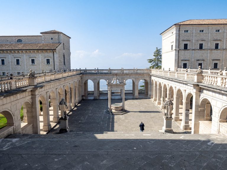 view of blue sky from monte cassino abbey courtyard