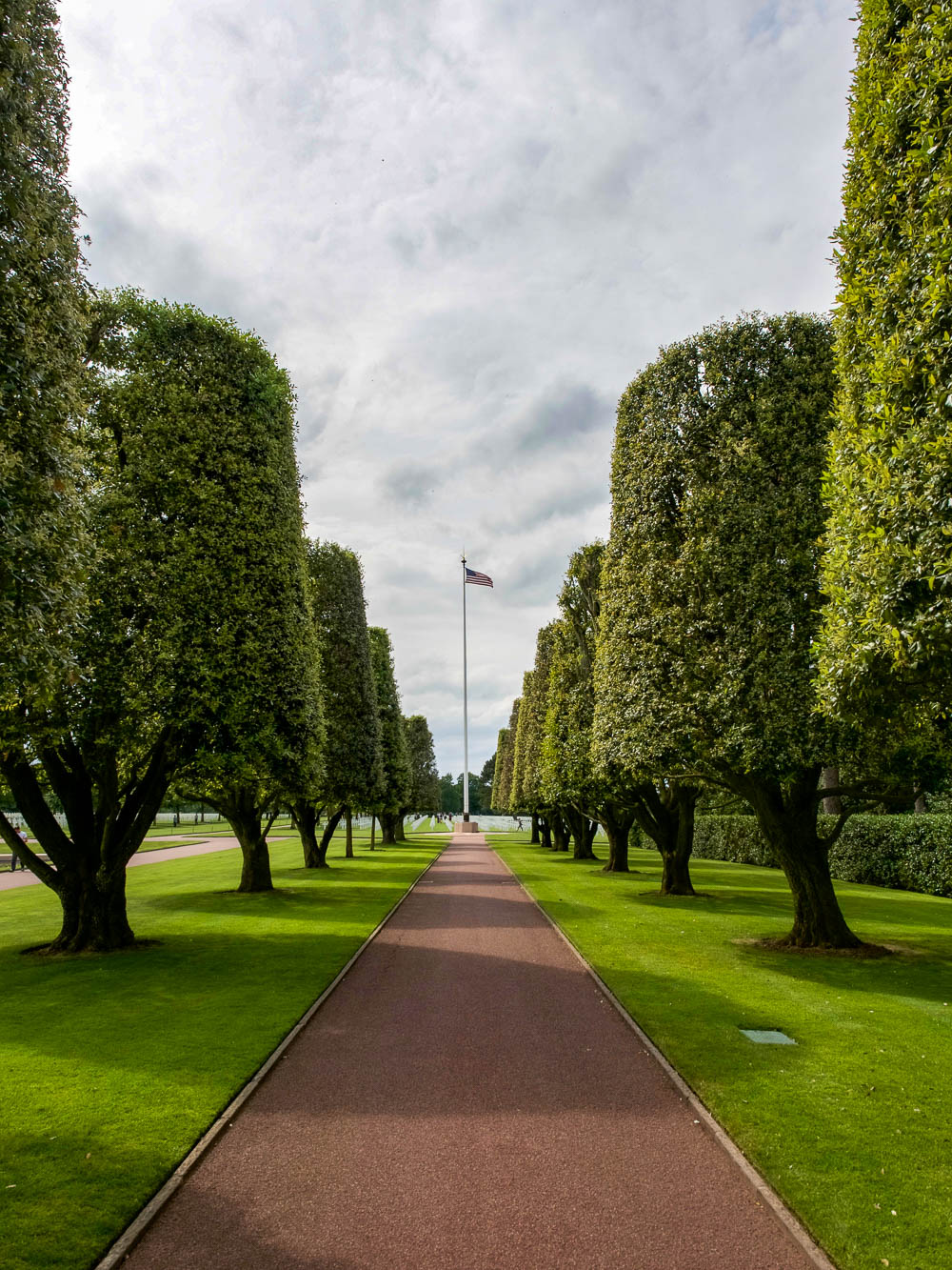 long tree lined path with tall american flag at the end