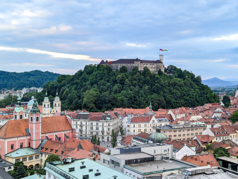 large castle on top of a tree-covered hill above a city