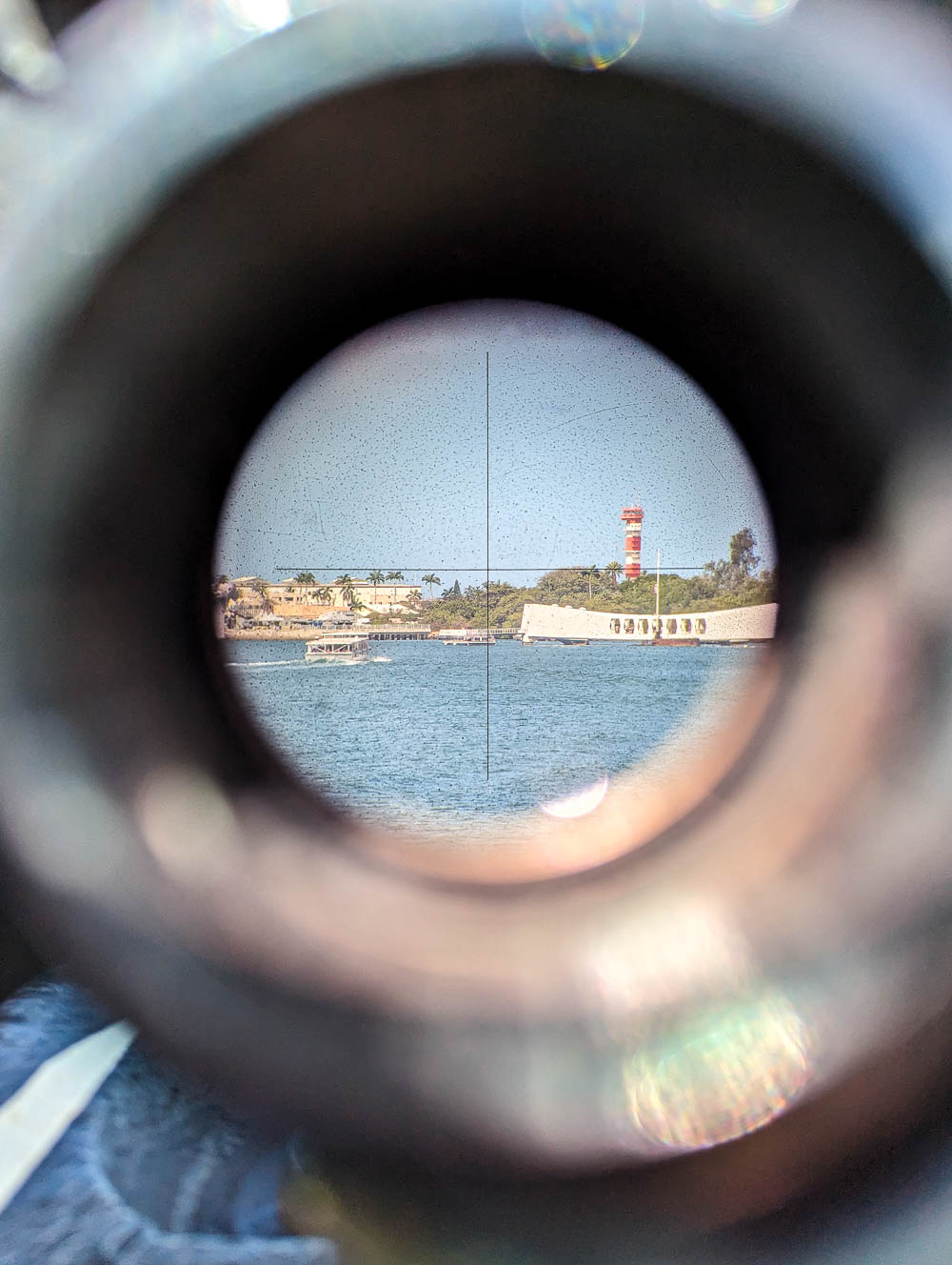 looking at the ford island control tower through the USS Bowfin gun sights