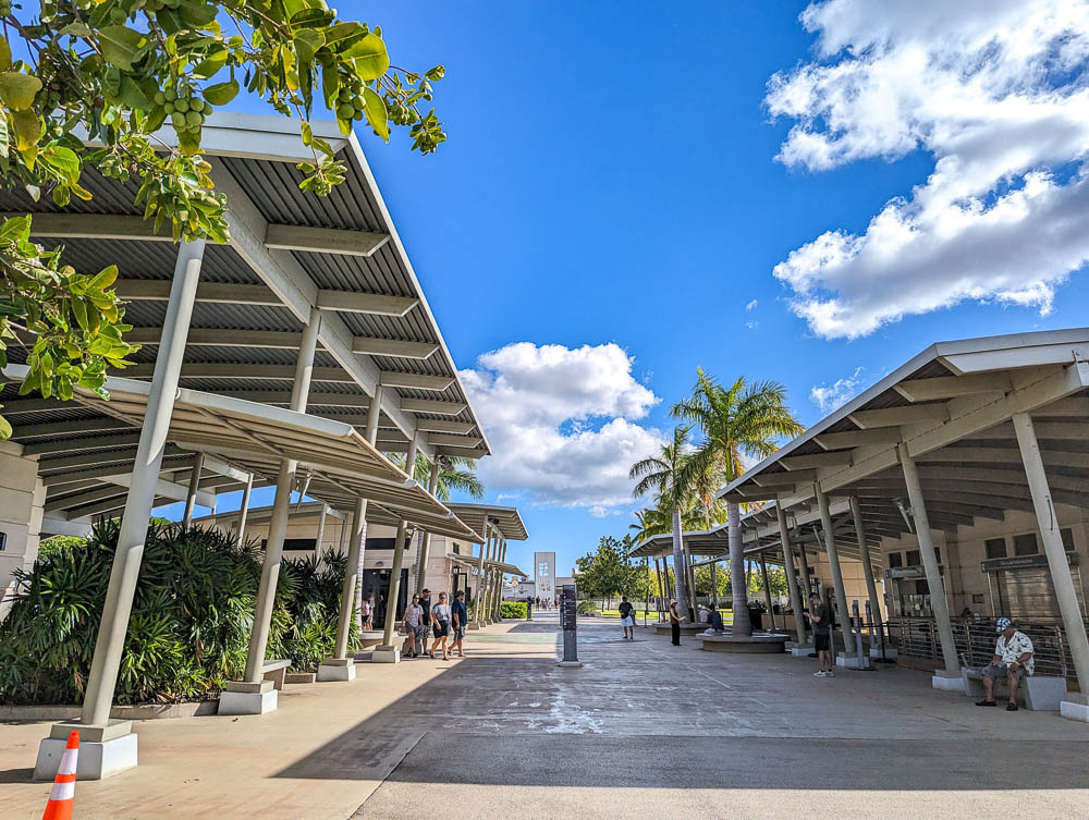 main walkway of a visitor center with buildings and palm trees on both sides
