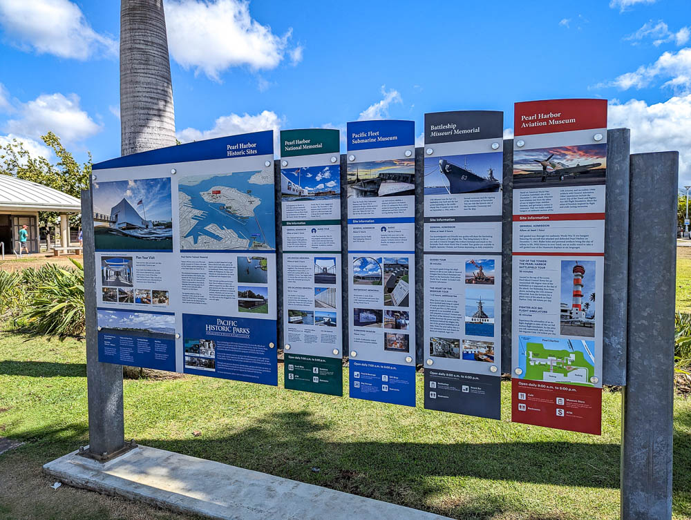 large informational sign about pearl harbor sites at the visitor center
