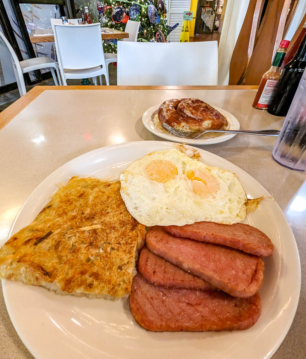 plate of spam and eggs at a cafe
