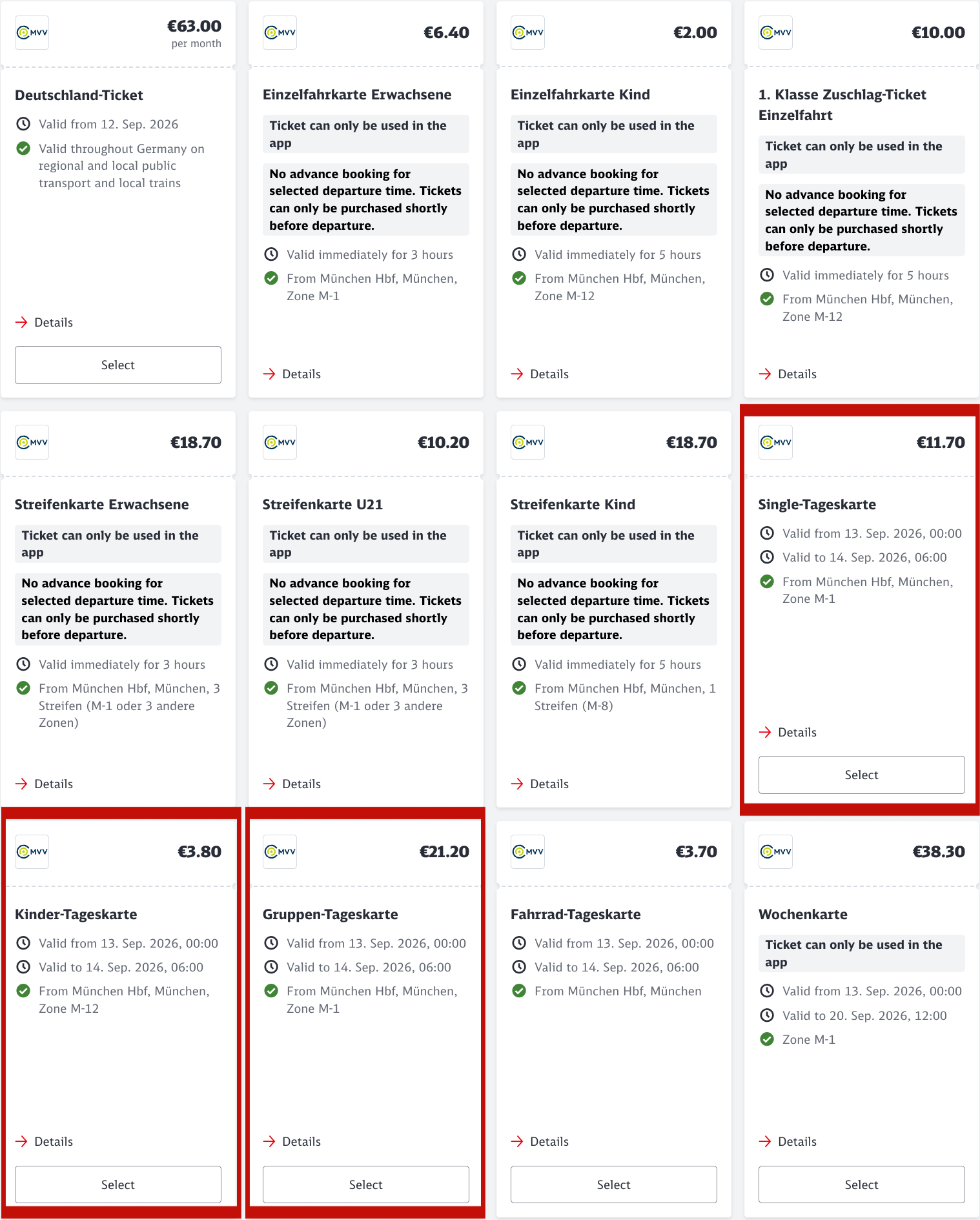 screenshot of ticket options and prices