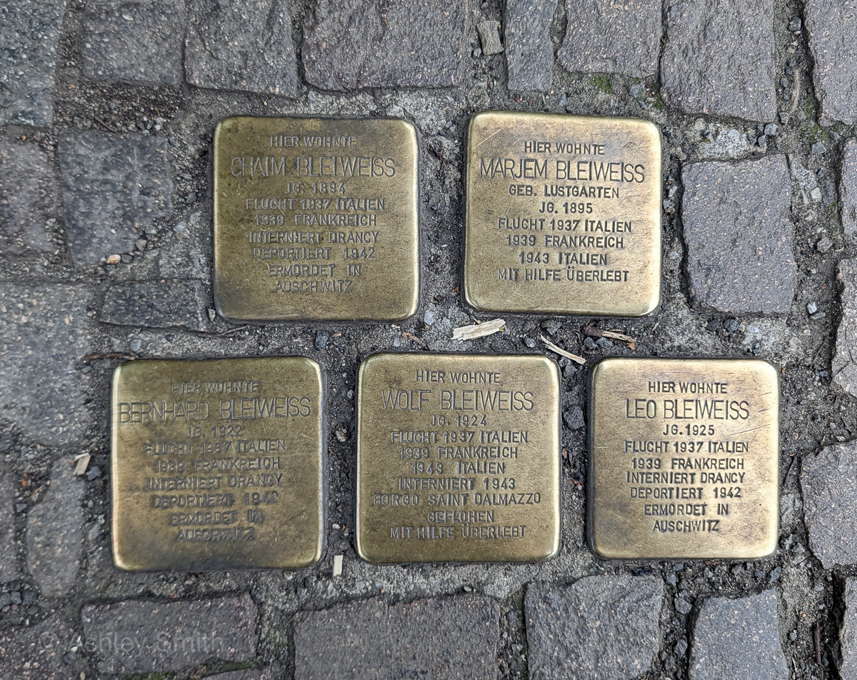 five brass cobblestones with information on them
